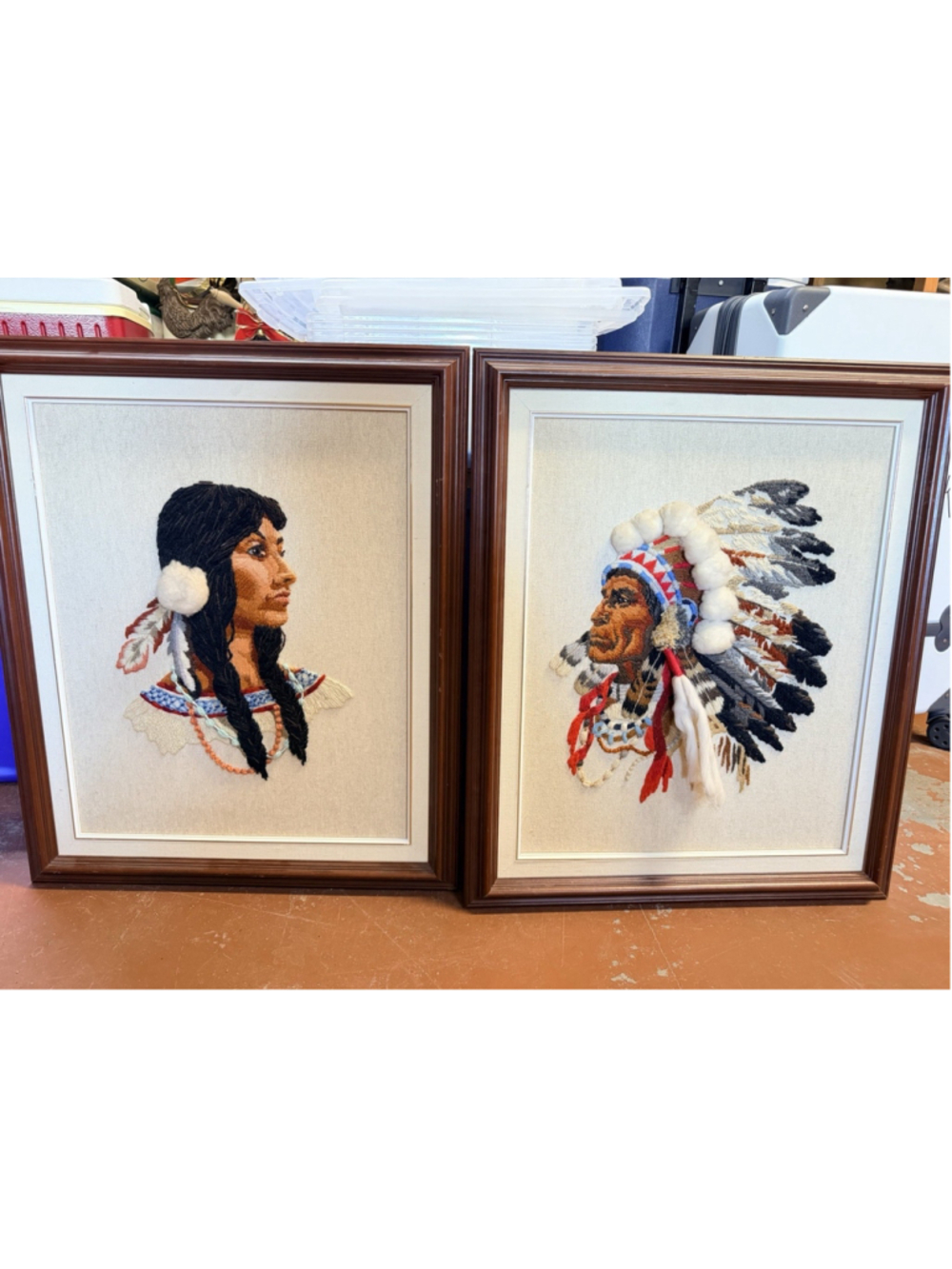 VINTAGE pair EMBROIDERED CREWEL Native Indian Chief And Daughter Solid Wood